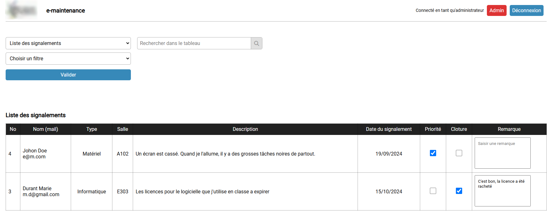 E-maintenance admin interface