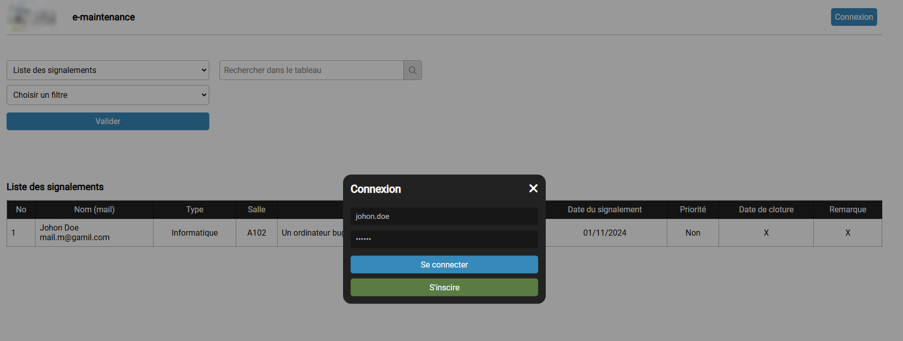 E-maintenance paneau de connexion